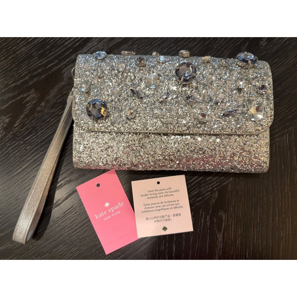 Kate Spade New York Jeweled Glitter Medium Flap Phone Wristlet Silver